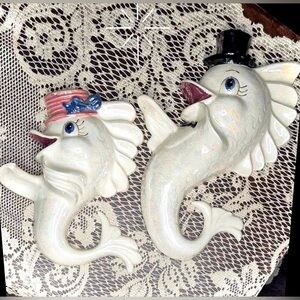 Retro MCM Dancing Fish Chalkware Wall Plaque Set - Pearl White Luster Mr & Mrs
